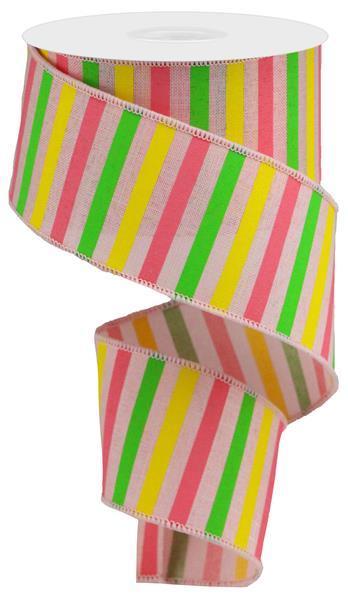 Water color stripes wired ribbon pink, yellow, green, on pale pink 2.5 inch x 10 yard