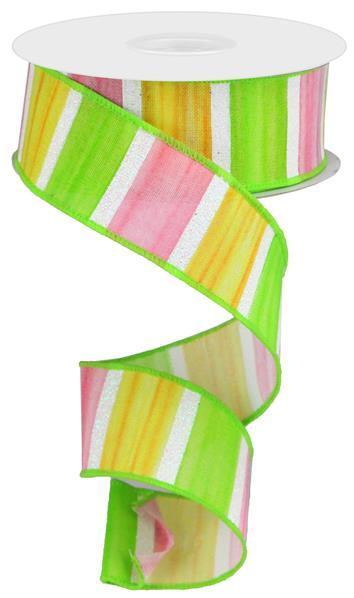 Water color stripe wired ribbon pink, green and white 1.5 inch x 10 yard