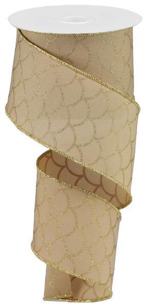 2.5 inch X 10 yards mermaid fish scales, cream, gold wired ribbon