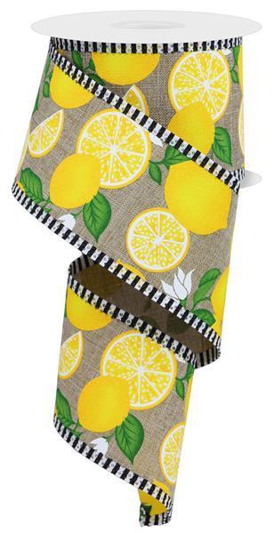 2.5 inch x 10 yard Lemon with leaves ribbon with black and white stripe