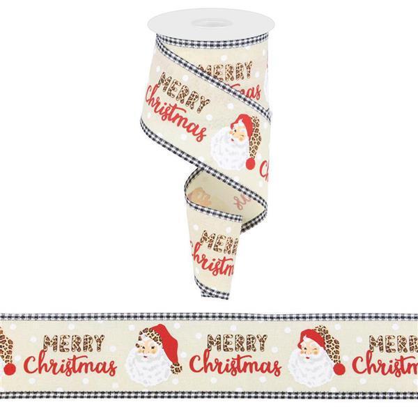 2.5 inch X 10 yards Merry Christmas Santa animal print, light cream multi color wired ribbon