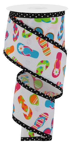 Flip flops and sunglasses summertime ribbon with polka dot edge 2.5 inch x 10 yard roll