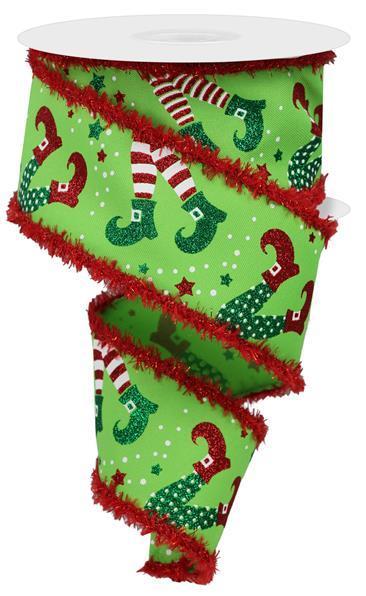 2.5 inch X 10 yards elf legs, drift, tinsel, lime, red, emerald, white wired ribbon