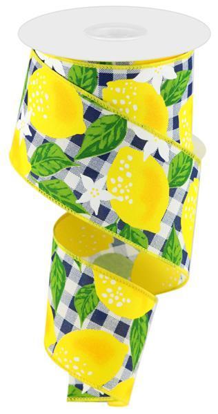 Lemon ribbon with blue and white check 2.5 inch x 10 yard roll