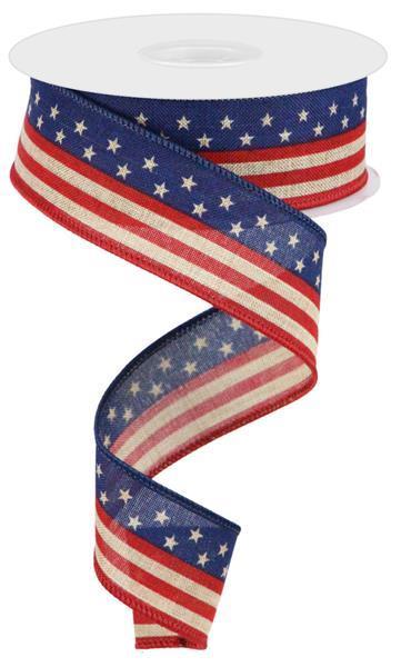 Primitive patriotic stars and stripes wired ribbon 1.5 inch x 10 yard roll