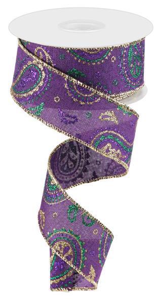 Mardi Gras paisley wired ribbon 1.5 inch x 10 yard on royal