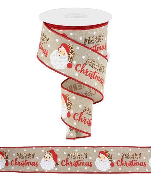 2.5 inch X 10 yards Merry Christmas animal print Santa, natural multi color wired ribbon