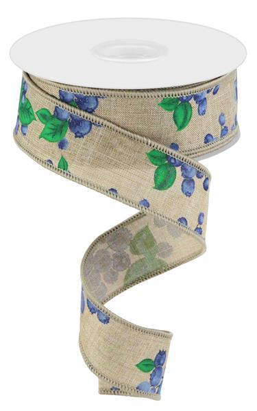 Blueberry ribbon on burlap natural color with leaves 1.5 inch x 10 yard roll
