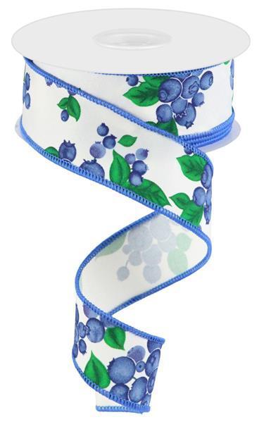 Blueberry ribbon on ivory with leaves 1.5 inch x 10 yard roll