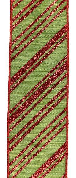 2.5 inch x 10 yard diagonal lines metallic grass green and red ribbon