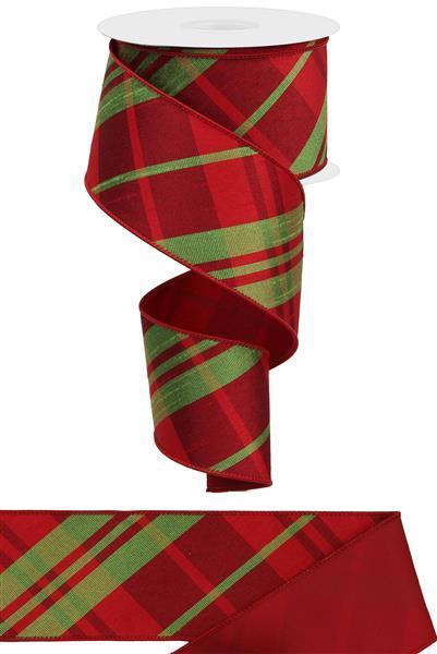 2.5 inch X 10 yards faux dupioni plaid, satin, red, lime double-sided wired ribbon