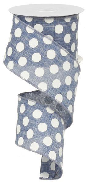 Blue denim and white polka dot wired ribbon 2.5 inch x 10 yard roll