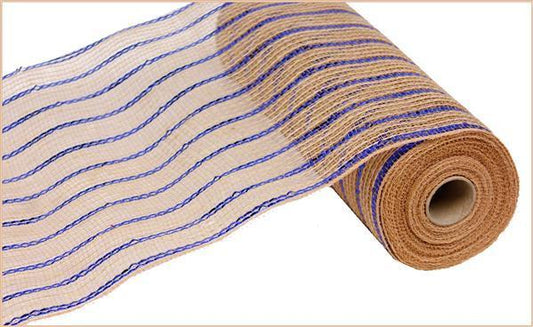 Patriotic deco mesh blue metallic stripe in natural burlap 10 inch x 10 yard roll