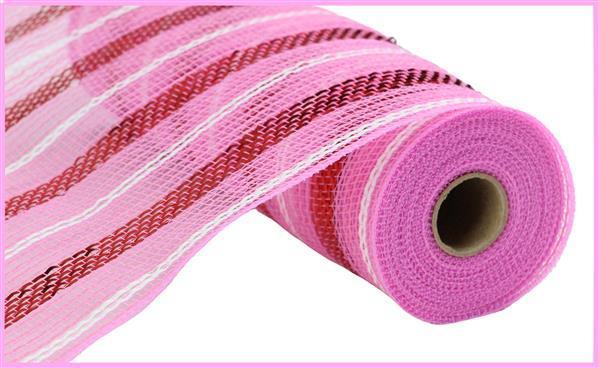 Deco mesh pink, red, and white metallic stripes 10 inch x 10 yard roll