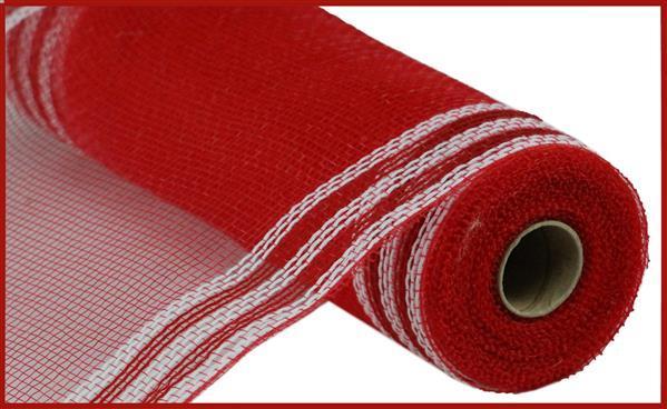 Red and white 10.25 inch x 10 yard faux jute border stripe deco mesh