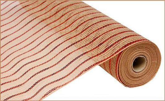 Natural burlap poly jute metallic red stripe mesh 21 inch x 10 yard roll